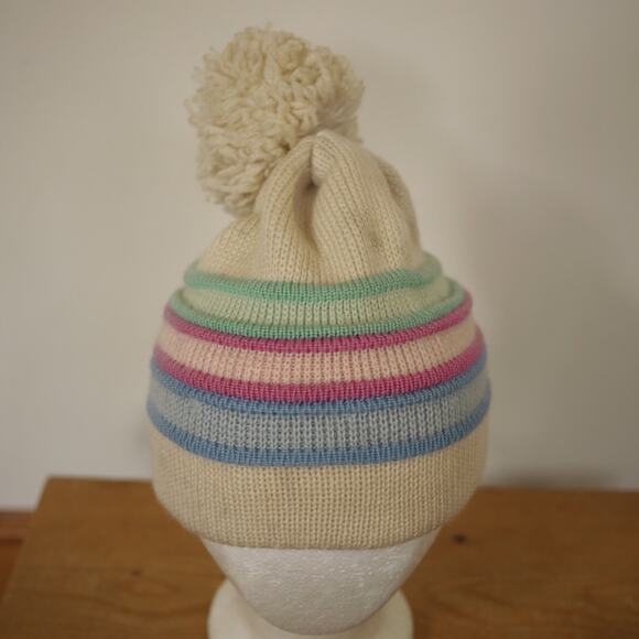 Vintage Smiley Wool Lined Beanie Pom Ski Hat Striped Purple  Vintage SMILEY Blue Purple Stripe 100% Wool Womens USA Ski Knit Cap Hat S-M